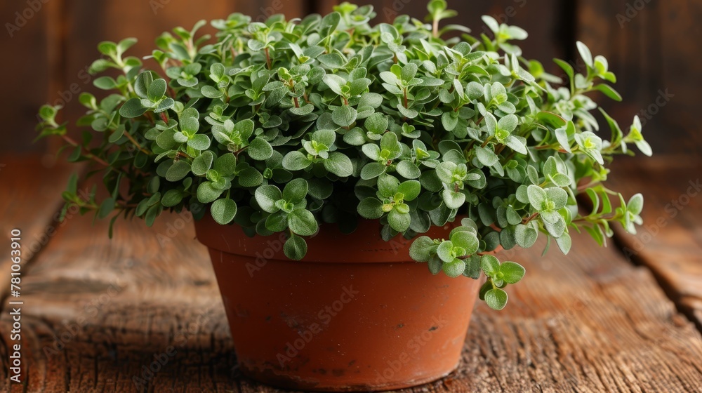   A close-up of a plant in a pot on a wooden table against a wood-planked backdrop