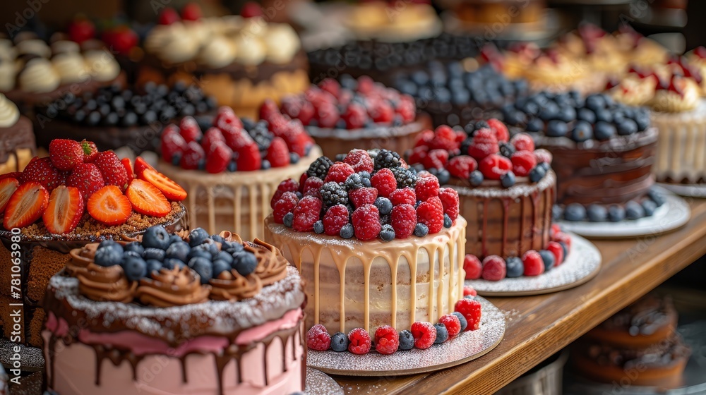   A tower of cakes, each adorned with frosting and fresh berries, sits atop a table