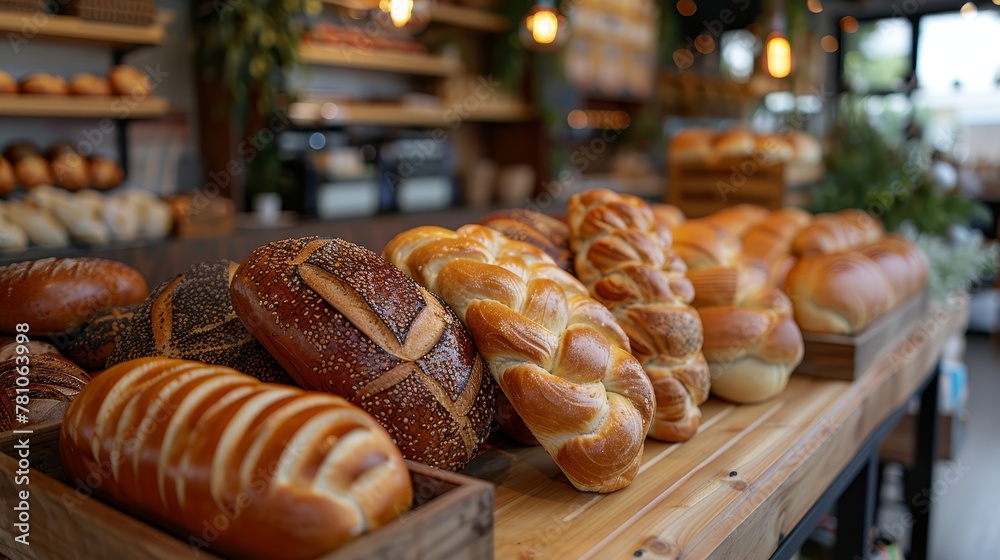 A wooden table laden with numerous loaves of bread A wooden table laden with numerous loaves of bread
