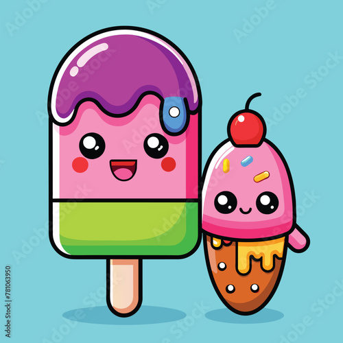 Cute popsicle eating ice cream cone cartoon vector icon illustration. food summer icon isolated