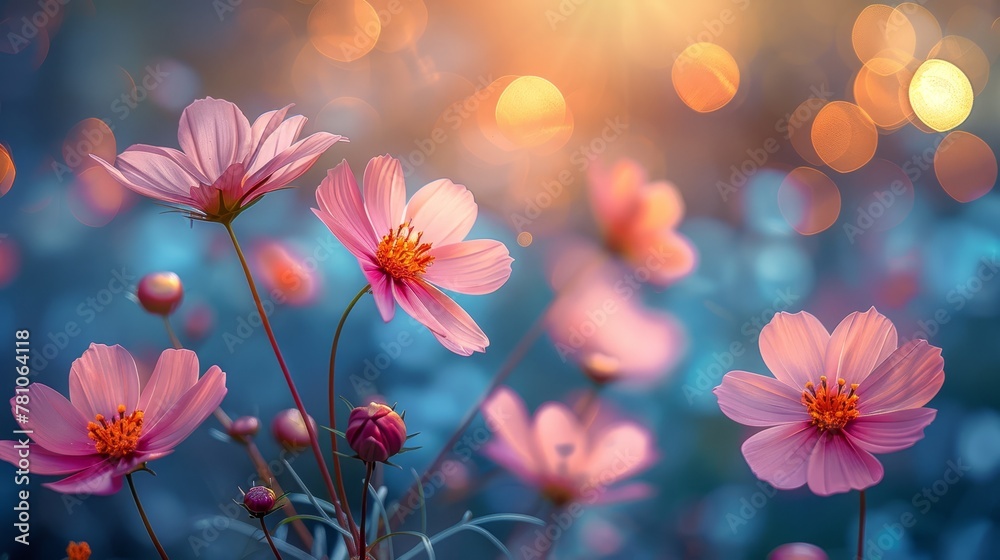   A field of vibrant pink flowers against a backdrop of blue and bright lights