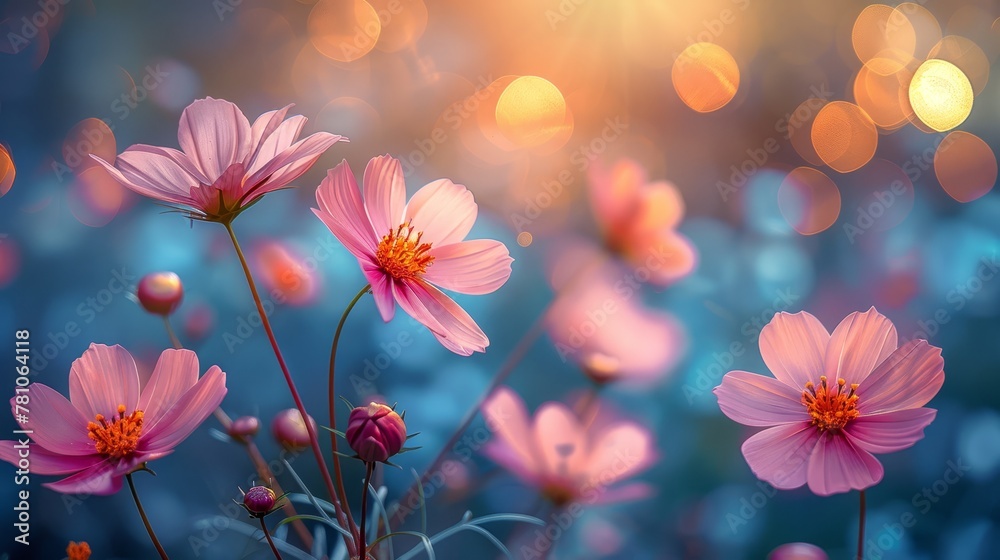 A field of vibrant pink flowers against a backdrop of blue and bright lights A field of vibrant pink flowers against a backdrop of blue and bright lights