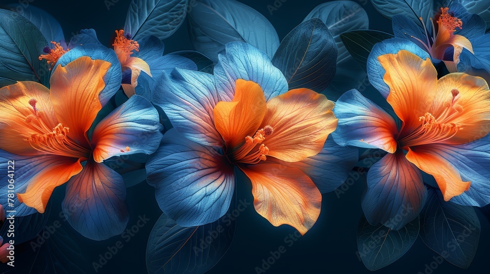   Blue and orange flowers on a dark background, hand in the foreground