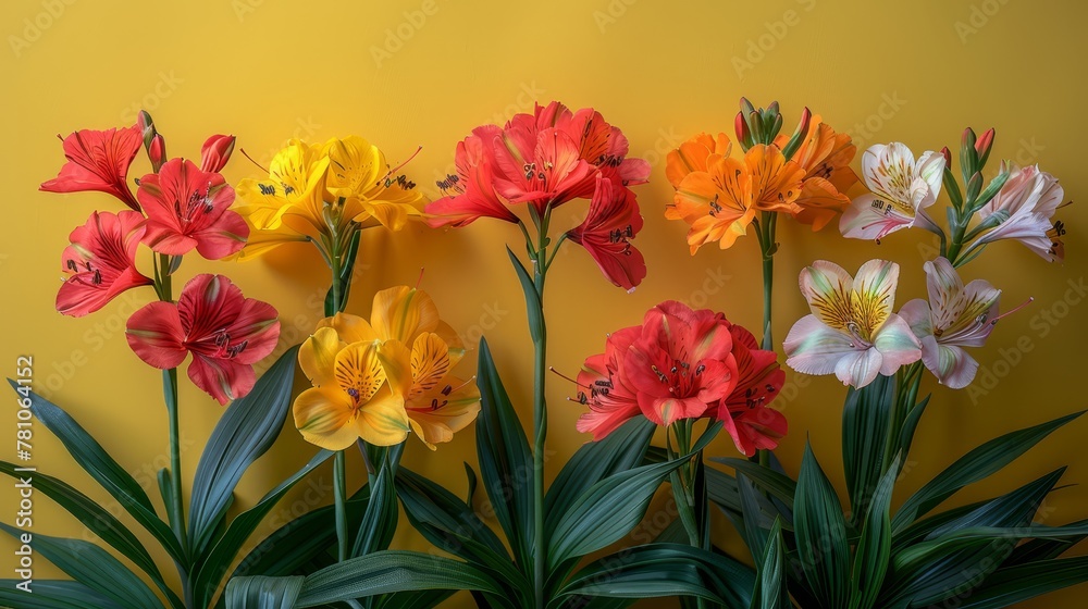 A group of flowers arranged on a yellow and yellow background with a green foliage plant in the foreground A group of flowers arranged on a yellow and yellow background with a green foliage plant in the foreground