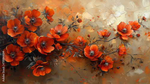   Orange flower painting on brown-white background with water droplets on the bottom