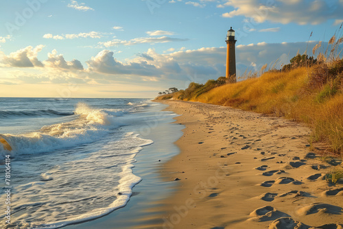 View of Currituck Lighthouse from the beach, --ar 3:2 --style raw --stylize 250 --v 6 Job ID: d50e29fe-aa90-4380-be6f-5eeba5b8a075