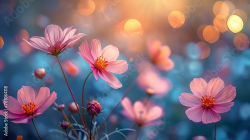  A field of vibrant pink flowers against a backdrop of blue and bright lights