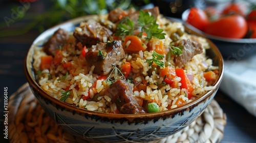Bowl filled with rice, meat, and veggies