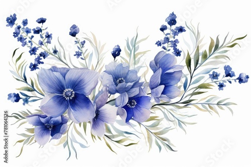 Fototapeta Naklejka Na Ścianę i Meble -  Watercolor delphinium clipart with tall spikes of blue flowers. flowers frame, botanical border, elegant wedding arrangement, blue blossom flowers. white background