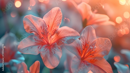  A close-up of a group of flowers with soft light behind and a focused image of flowers in the foreground