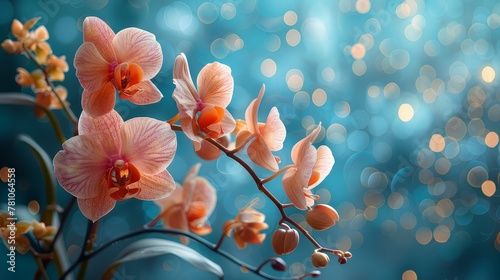   A close-up of a flower arrangement on a branch with out-of-focus background lights