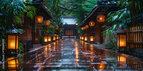 A Rain-Soaked Traditional Japanese Street Illuminated by Warm Lanterns Amidst Nature, Generative AI