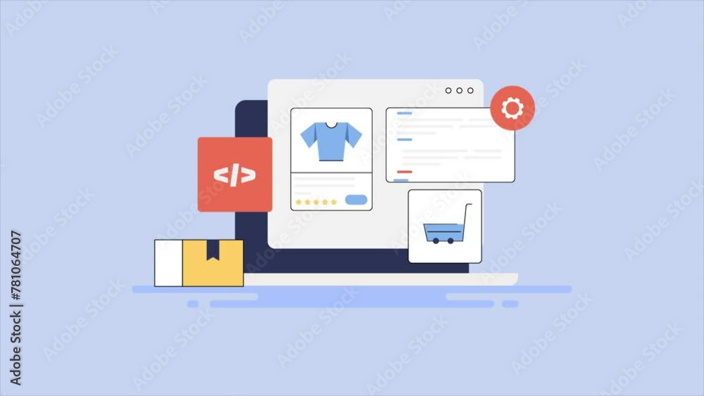 Ecommerce web store development, online shopping app integration, code testing prototype on laptop screen conceptual video animation. Ecommerce web store development, online shopping app integration, code testing prototype on laptop screen conceptual video animation.
