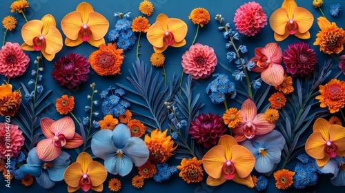   A group of flowers arranged on a blue backdrop with the central flower occupying the center of the image, while the surrounding flowers are also positioned in the middle photo