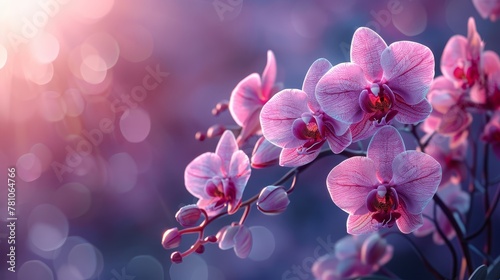  A pink flower in sharp focus on a branch against a softly blurred background of natural light