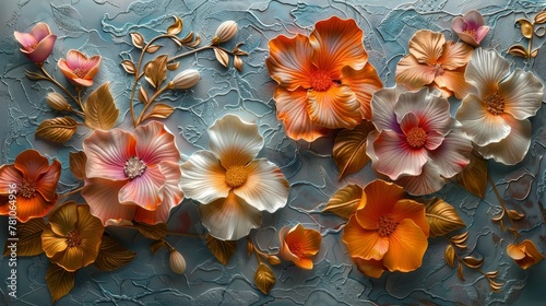   Orange and white flowers on a blue and white background with gold leaves