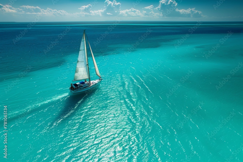 A lone sailboat with billowing white sails, casting a long shadow as it traverses a vast turquoise sea