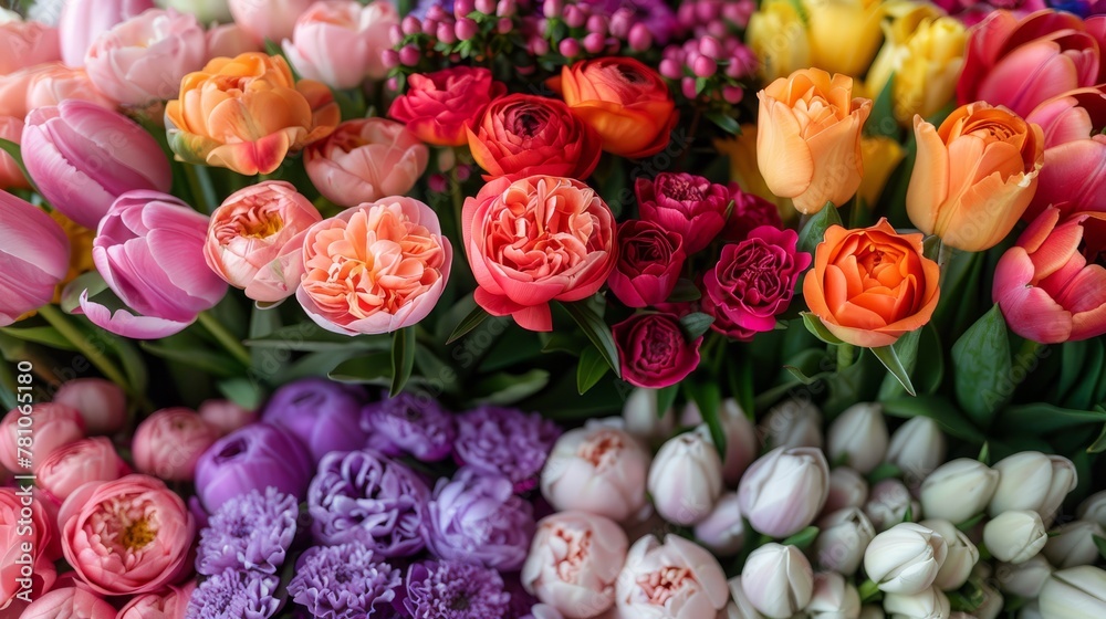   Close-up of multiple colorful tulips against a diverse flower backdrop