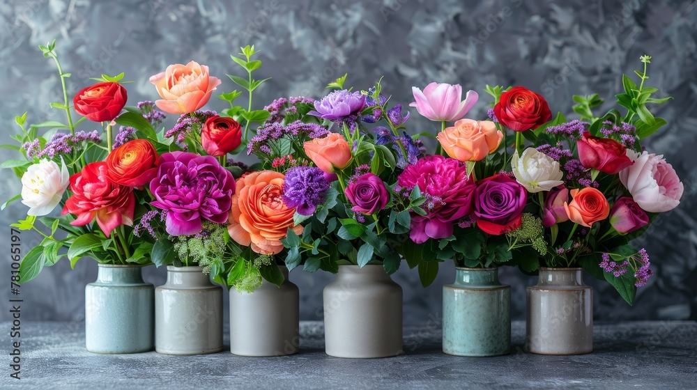   A collection of vibrant flower-filled vases resting atop a gray table against a gray backdrop
