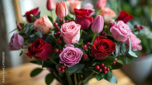   A bouquet of pink and red roses in a vase on a table with greenery in the background © Shanti