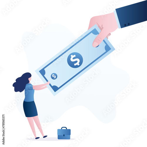 Banker's giant hand takes money from business woman. Taxes, loan payments, debt payment. Debtor does not want to give his money, bankruptcy, poverty. Financial crisis.