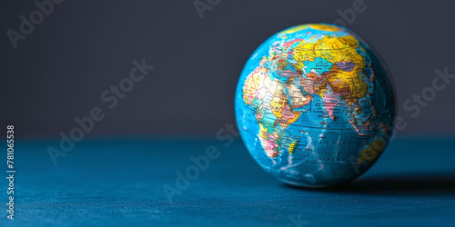 A globe is sitting on a blue surface. The globe is blue and white and has a map of the world on it