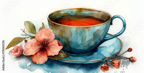   Tea-cup painting on a saucer with a flower