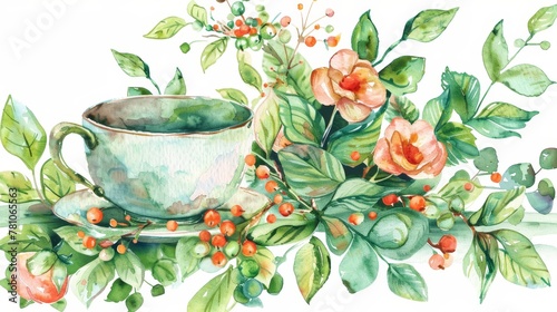  A watercolor depiction of a teacup and its surrounding foliage on a rustic plate, adorned with succulent red fruit