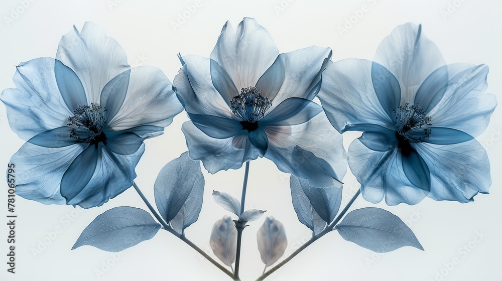   A trio of azure blossoms rests atop a white table, adjacent to a vase containing blooms