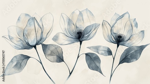  Three flowers with leaves on white-blue background, photographed in black and white