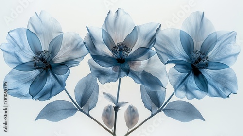  A trio of azure blossoms rests atop a white table, adjacent to a vase containing blooms