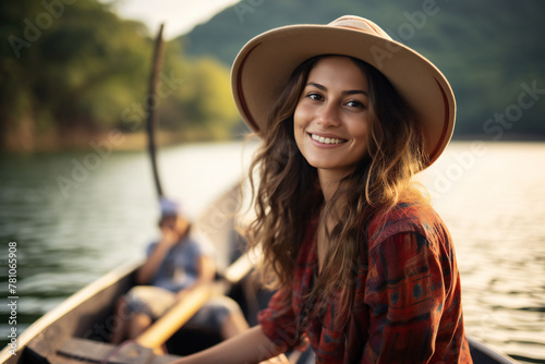 Smiling Woman in a Hat Enjoying a Boat Ride on a Serene Lake Generative AI © kavinda