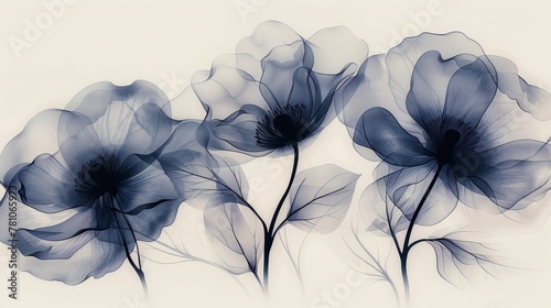   A cluster of azure blooms resting together against a white canvas with a monochromatic snapshot of them