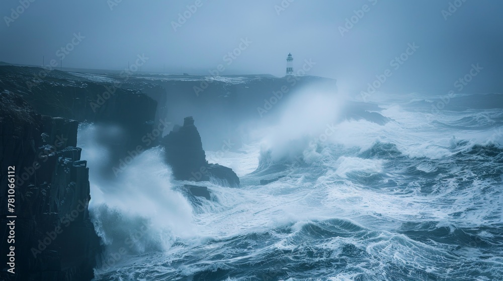 A storm-tossed coastline, crashing waves against jagged cliffs, a lone lighthouse piercing the mist