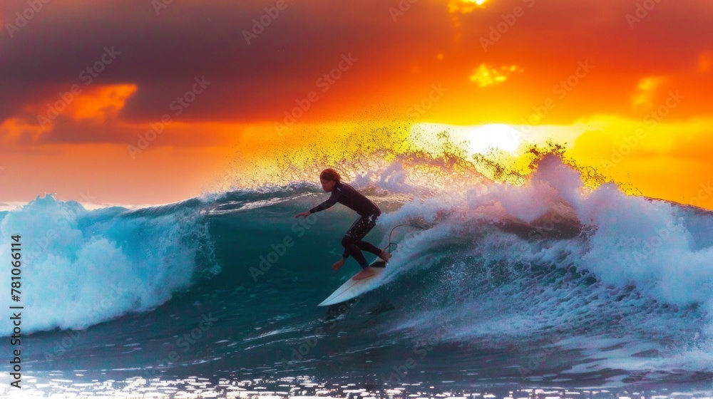 A surfer skillfully riding a turquoise wave, their form outlined against a vibrant sunset