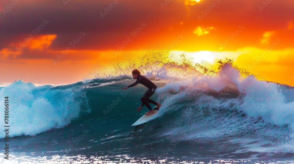 A surfer skillfully riding a turquoise wave, their form outlined against a vibrant sunset A surfer skillfully riding a turquoise wave, their form outlined against a vibrant sunset
