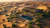 A vibrant desert oasis nestled among towering sand dunes, panoramic landscape