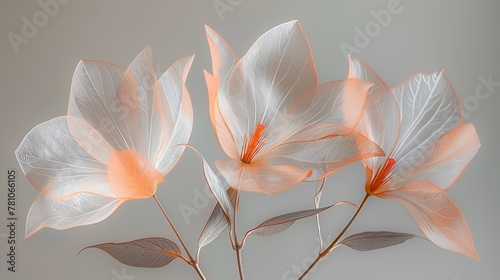  Three white flowers with orange centers on a light gray background, surrounded by leaves and stems in the center
