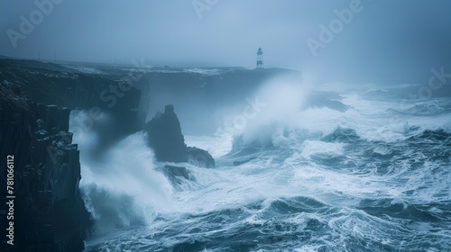 A storm-tossed coastline, crashing waves against jagged cliffs, a lone lighthouse piercing the mist © ktianngoen0128