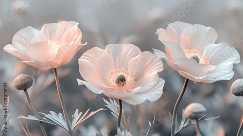   A field filled with white flowers beneath a foggy sky