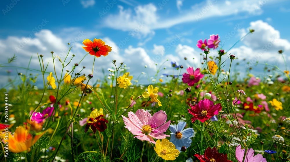   A vibrant field of varied blooms beneath a blue sky, dotted with clouds, features flower-crowded foreground