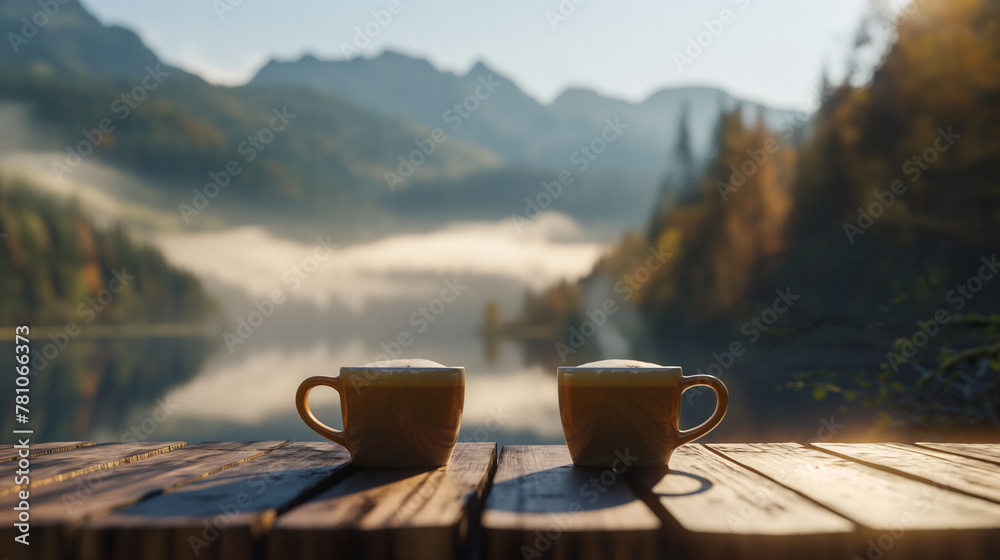 Hot coffee cups on a wooden table with mooring mountain background Hot coffee cups on a wooden table with mooring mountain background