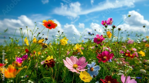  A vibrant field of varied blooms beneath a blue sky, dotted with clouds, features flower-crowded foreground