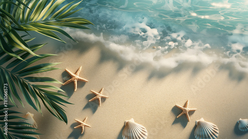 beach and waves from top view with sea shells and starfish. Background.
