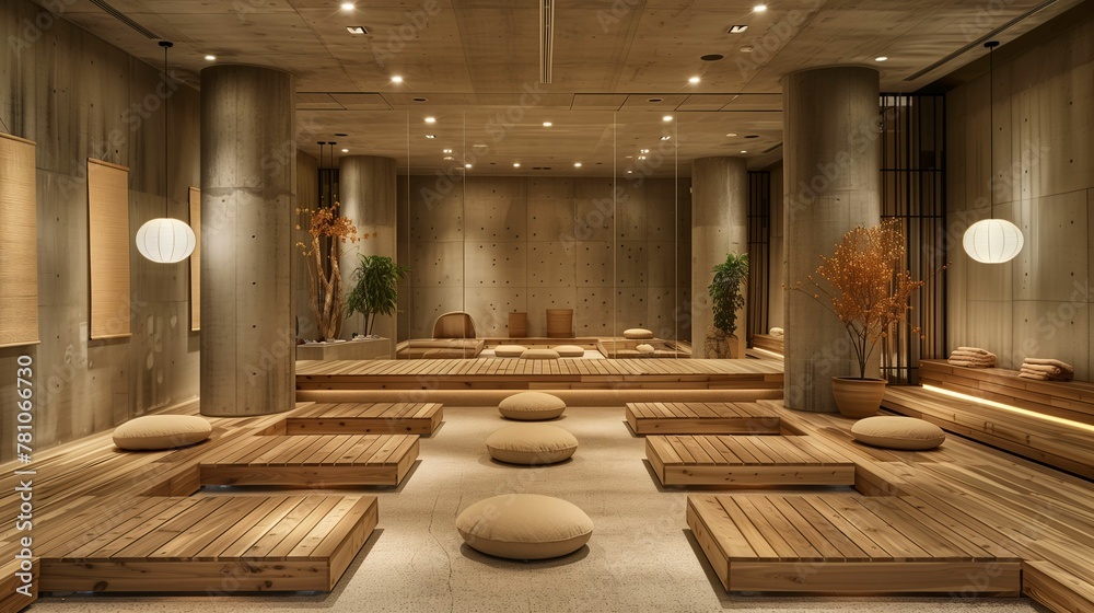 Modern Zen Style Interior with Wooden Platforms and Cushions Modern Zen Style Interior with Wooden Platforms and Cushions