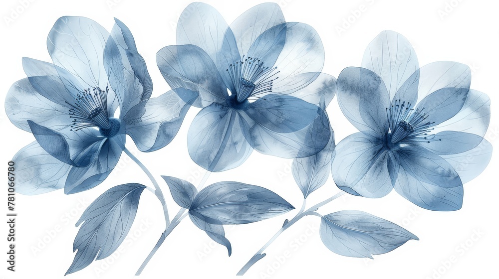   A cluster of azure blossoms positioned against a white backdrop with a central blue element in the photograph