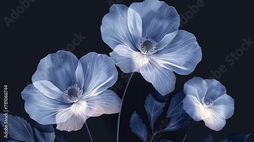  A close-up of three blue flowers with leaves on a black background and a white center in the center of the flowers