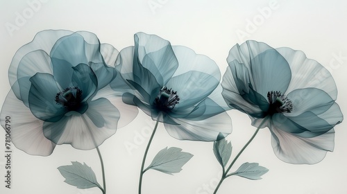  Three blue flowers sit atop a white table, beside a vase with blossoms