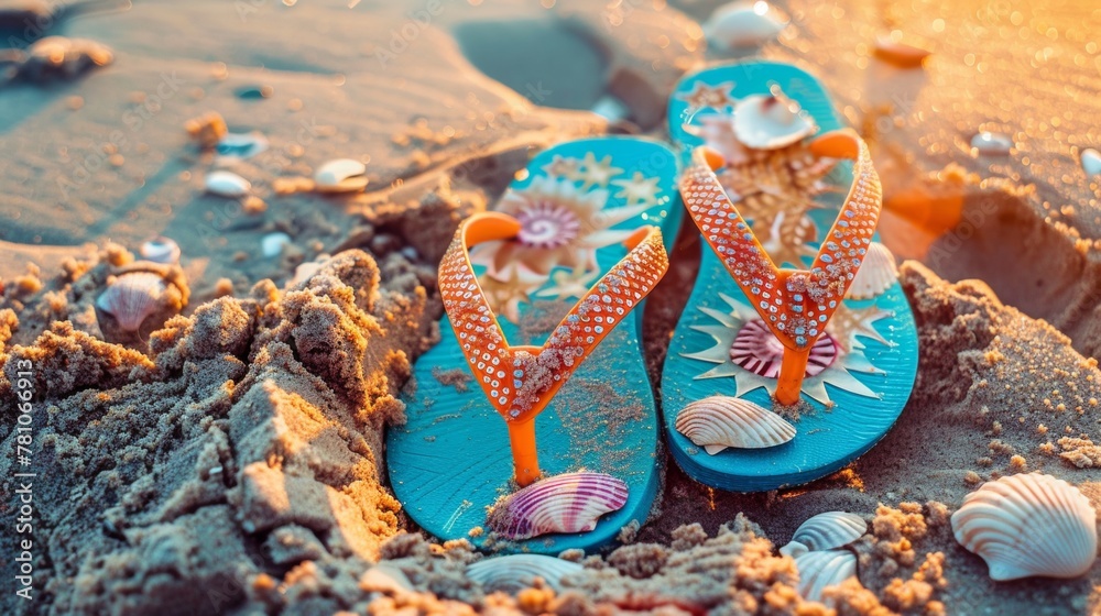 Fototapeta premium Close-up of a vibrant flip-flop decorated with seashells, half-buried in the warm sand