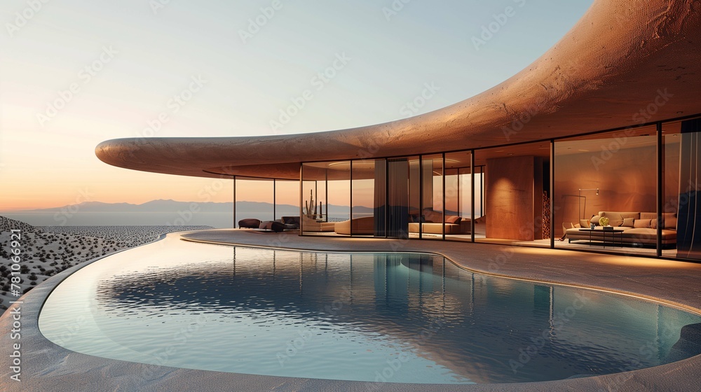 Fototapeta premium Modern Desert House with Infinity Pool at Sunset